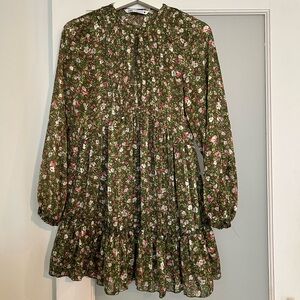 Zara Green Floral Long Sleeve Smocked Dress - XS